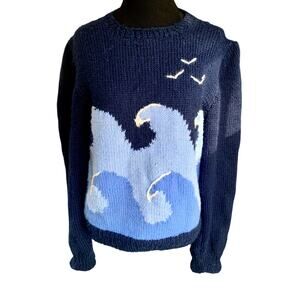 Hand Knitted One of a Kind Ocean Theme Vintage Blue Sweater Large